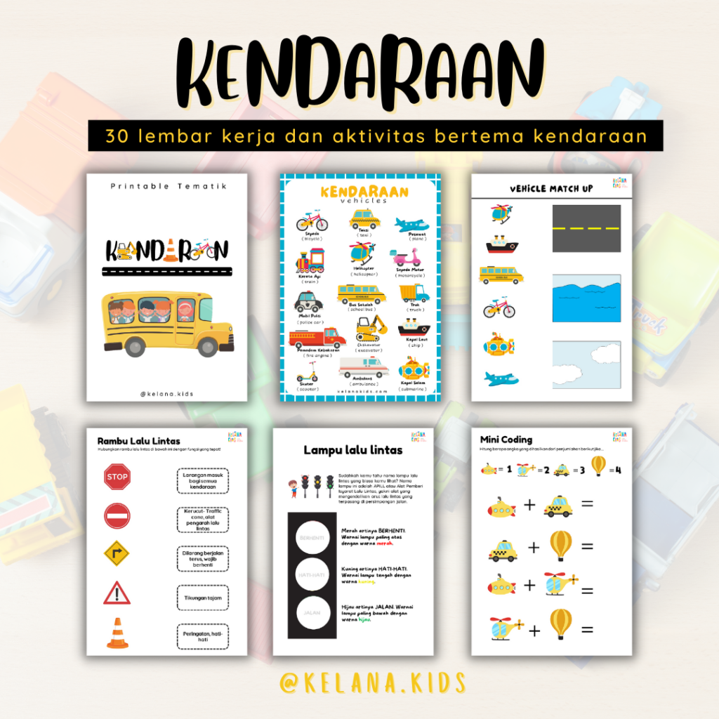 Isi Dari [ Seri Printable Tematik ] Worksheet Kendaraan dan Alat Transportasi, Belajar Rambu lalu Lintas Untuk Anak Usia Dini, TK, PAUD